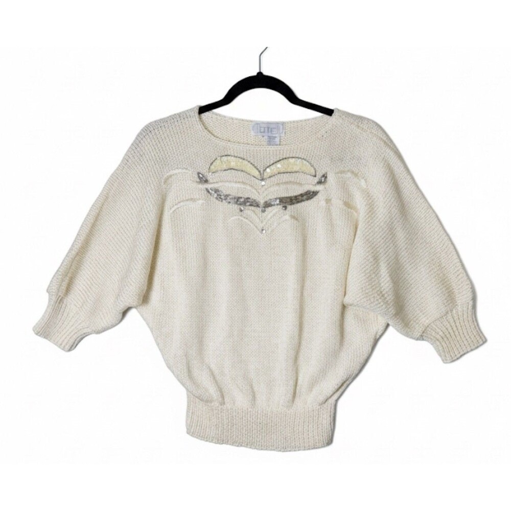 Vintage Nannell Hand Knit Beaded Sequin Sweater Cream Batwing Sleeve Size S 80s